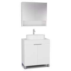   HD Paris Matt White 80 komplett fürdőszoba bútor álló mosdószekrénnyel, szálcsiszolt króm elemekkel, matt fehér mosdópulttal és tükrös szekrénnyel