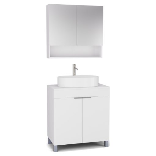 HD Paris Matt White 80 komplett fürdőszoba bútor álló mosdószekrénnyel, szálcsiszolt króm elemekkel, matt fehér mosdópulttal és tükrös szekrénnyel