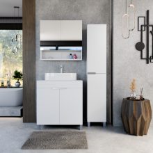 HD Paris Matt White 80 komplett fürdőszoba bútor álló mosdószekrénnyel, szálcsiszolt króm elemekkel, matt fehér mosdópulttal és tükrös szekrénnyel