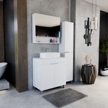 HD Paris Matt White 80 komplett fürdőszoba bútor álló mosdószekrénnyel, szálcsiszolt króm elemekkel, matt fehér mosdópulttal és tükrös szekrénnyel