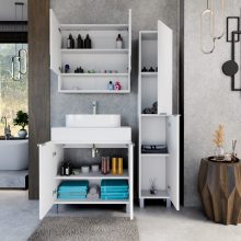 HD Paris Matt White 80 komplett fürdőszoba bútor álló mosdószekrénnyel, szálcsiszolt króm elemekkel, matt fehér mosdópulttal és tükrös szekrénnyel