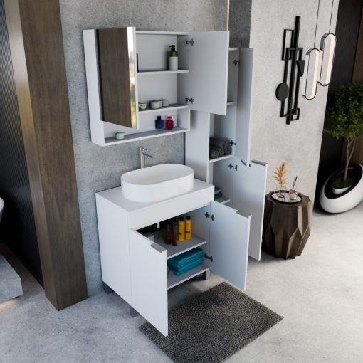 HD Paris Matt White 80 komplett fürdőszoba bútor álló mosdószekrénnyel, szálcsiszolt króm elemekkel, matt fehér mosdópulttal és tükrös szekrénnyel