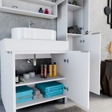 HD Paris Matt White 80 komplett fürdőszoba bútor álló mosdószekrénnyel, szálcsiszolt króm elemekkel, matt fehér mosdópulttal és tükrös szekrénnyel