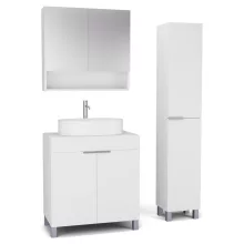 HD Paris Matt White 80 komplett fürdőszoba bútor szett álló mosdószekrénnyel, szálcsiszolt króm elemekkel, matt fehér mosdópulttal, tükrös szekrénnyel és magasszekrénnyel