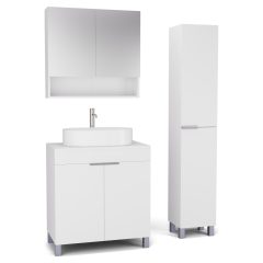   HD Paris Matt White 80 komplett fürdőszoba bútor szett álló mosdószekrénnyel, szálcsiszolt króm elemekkel, matt fehér mosdópulttal, tükrös szekrénnyel és magasszekrénnyel