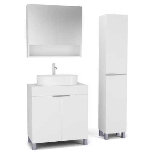 HD Paris Matt White 80 komplett fürdőszoba bútor szett álló mosdószekrénnyel, szálcsiszolt króm elemekkel, matt fehér mosdópulttal, tükrös szekrénnyel és magasszekrénnyel
