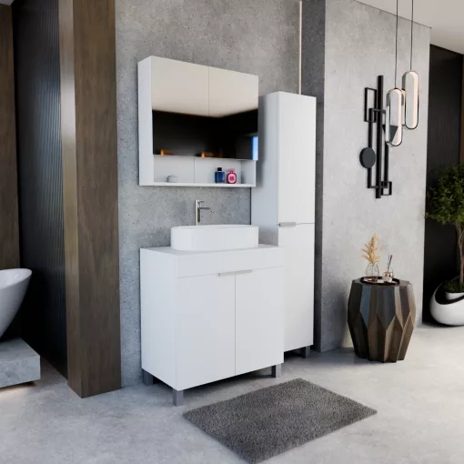 HD Paris Matt White 80 komplett fürdőszoba bútor szett álló mosdószekrénnyel, szálcsiszolt króm elemekkel, matt fehér mosdópulttal, tükrös szekrénnyel és magasszekrénnyel