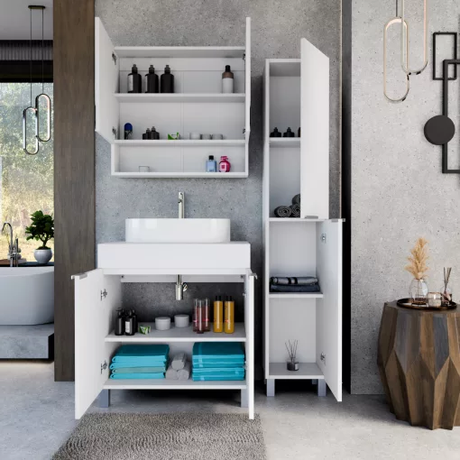 HD Paris Matt White 80 komplett fürdőszoba bútor szett álló mosdószekrénnyel, szálcsiszolt króm elemekkel, matt fehér mosdópulttal, tükrös szekrénnyel és magasszekrénnyel