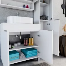 HD Paris Matt White 80 komplett fürdőszoba bútor szett álló mosdószekrénnyel, szálcsiszolt króm elemekkel, matt fehér mosdópulttal, tükrös szekrénnyel és magasszekrénnyel