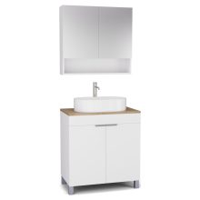 HD Paris Matt White 80 komplett fürdőszoba bútor álló mosdószekrénnyel, szálcsiszolt króm elemekkel, tölgyfa színű mosdópulttal és tükrös szekrénnyel