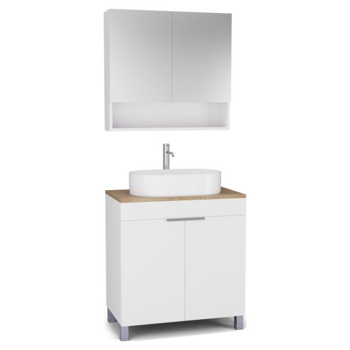 HD Paris Matt White 80 komplett fürdőszoba bútor álló mosdószekrénnyel, szálcsiszolt króm elemekkel, tölgyfa színű mosdópulttal és tükrös szekrénnyel