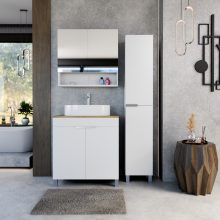 HD Paris Matt White 80 komplett fürdőszoba bútor álló mosdószekrénnyel, szálcsiszolt króm elemekkel, tölgyfa színű mosdópulttal és tükrös szekrénnyel