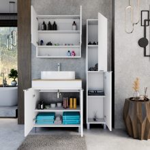 HD Paris Matt White 80 komplett fürdőszoba bútor álló mosdószekrénnyel, szálcsiszolt króm elemekkel, tölgyfa színű mosdópulttal és tükrös szekrénnyel