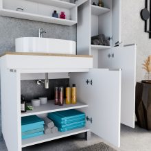 HD Paris Matt White 80 komplett fürdőszoba bútor álló mosdószekrénnyel, szálcsiszolt króm elemekkel, tölgyfa színű mosdópulttal és tükrös szekrénnyel