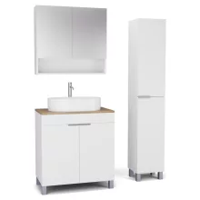 HD Paris Matt White 80 komplett fürdőszoba bútor szett álló mosdószekrénnyel, szálcsiszolt króm elemekkel, tölgyfa színű mosdópulttal, tükrös szekrénnyel és magasszekrénnyel