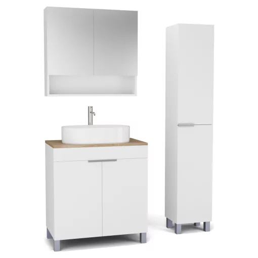HD Paris Matt White 80 komplett fürdőszoba bútor szett álló mosdószekrénnyel, szálcsiszolt króm elemekkel, tölgyfa színű mosdópulttal, tükrös szekrénnyel és magasszekrénnyel
