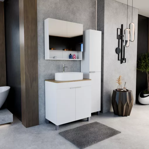 HD Paris Matt White 80 komplett fürdőszoba bútor szett álló mosdószekrénnyel, szálcsiszolt króm elemekkel, tölgyfa színű mosdópulttal, tükrös szekrénnyel és magasszekrénnyel