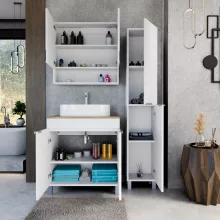 HD Paris Matt White 80 komplett fürdőszoba bútor szett álló mosdószekrénnyel, szálcsiszolt króm elemekkel, tölgyfa színű mosdópulttal, tükrös szekrénnyel és magasszekrénnyel