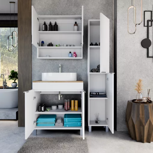 HD Paris Matt White 80 komplett fürdőszoba bútor szett álló mosdószekrénnyel, szálcsiszolt króm elemekkel, tölgyfa színű mosdópulttal, tükrös szekrénnyel és magasszekrénnyel