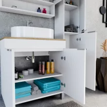 HD Paris Matt White 80 komplett fürdőszoba bútor szett álló mosdószekrénnyel, szálcsiszolt króm elemekkel, tölgyfa színű mosdópulttal, tükrös szekrénnyel és magasszekrénnyel