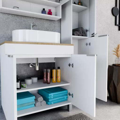 HD Paris Matt White 80 komplett fürdőszoba bútor szett álló mosdószekrénnyel, szálcsiszolt króm elemekkel, tölgyfa színű mosdópulttal, tükrös szekrénnyel és magasszekrénnyel