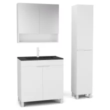 HD Paris Matt White 80 komplett fürdőszoba bútor szett álló mosdószekrénnyel, matt fehér elemekkel, matt fekete slim mosdóval, tükrös szekrénnyel és magasszekrénnyel