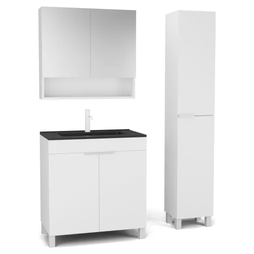 HD Paris Matt White 80 komplett fürdőszoba bútor szett álló mosdószekrénnyel, matt fehér elemekkel, matt fekete slim mosdóval, tükrös szekrénnyel és magasszekrénnyel
