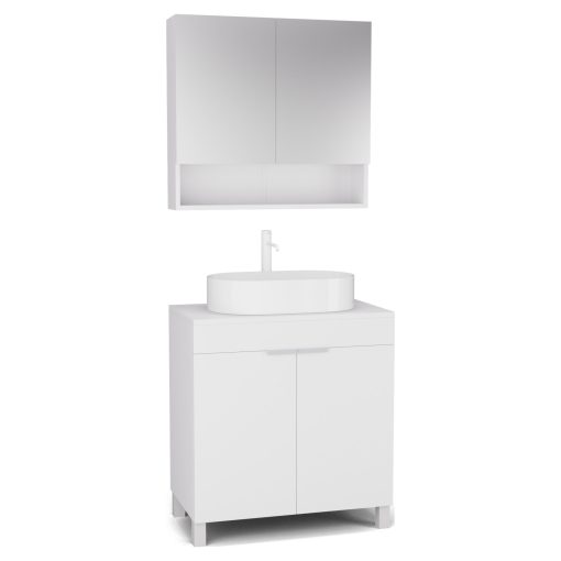 HD Paris Matt White 80 komplett fürdőszoba bútor álló mosdószekrénnyel, matt fehér elemekkel, matt fehér mosdópulttal és tükrös szekrénnyel