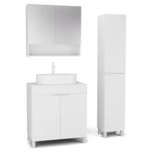 HD Paris Matt White 80 komplett fürdőszoba bútor szett álló mosdószekrénnyel, matt fehér elemekkel, matt fehér mosdópulttal, tükrös szekrénnyel és magasszekrénnyel