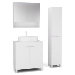   HD Paris Matt White 80 komplett fürdőszoba bútor szett álló mosdószekrénnyel, matt fehér elemekkel, matt fehér mosdópulttal, tükrös szekrénnyel és magasszekrénnyel