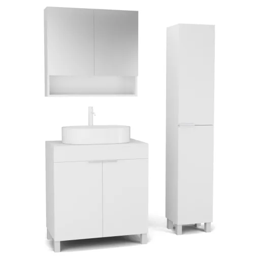 HD Paris Matt White 80 komplett fürdőszoba bútor szett álló mosdószekrénnyel, matt fehér elemekkel, matt fehér mosdópulttal, tükrös szekrénnyel és magasszekrénnyel