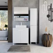 HD Paris Matt White 80 komplett fürdőszoba bútor szett álló mosdószekrénnyel, matt fehér elemekkel, matt fehér mosdópulttal, tükrös szekrénnyel és magasszekrénnyel