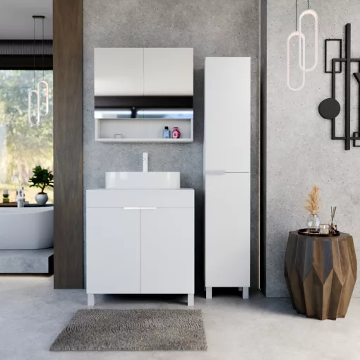 HD Paris Matt White 80 komplett fürdőszoba bútor szett álló mosdószekrénnyel, matt fehér elemekkel, matt fehér mosdópulttal, tükrös szekrénnyel és magasszekrénnyel