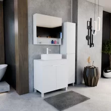 HD Paris Matt White 80 komplett fürdőszoba bútor szett álló mosdószekrénnyel, matt fehér elemekkel, matt fehér mosdópulttal, tükrös szekrénnyel és magasszekrénnyel