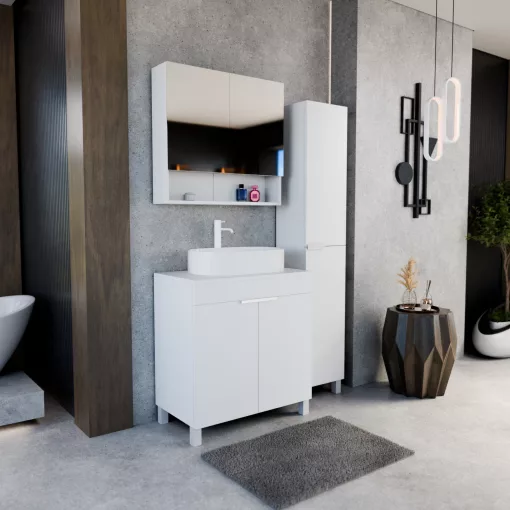 HD Paris Matt White 80 komplett fürdőszoba bútor szett álló mosdószekrénnyel, matt fehér elemekkel, matt fehér mosdópulttal, tükrös szekrénnyel és magasszekrénnyel