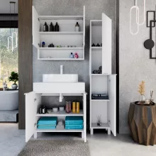 HD Paris Matt White 80 komplett fürdőszoba bútor szett álló mosdószekrénnyel, matt fehér elemekkel, matt fehér mosdópulttal, tükrös szekrénnyel és magasszekrénnyel