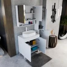 HD Paris Matt White 80 komplett fürdőszoba bútor szett álló mosdószekrénnyel, matt fehér elemekkel, matt fehér mosdópulttal, tükrös szekrénnyel és magasszekrénnyel