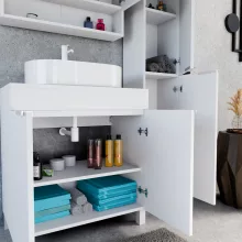 HD Paris Matt White 80 komplett fürdőszoba bútor szett álló mosdószekrénnyel, matt fehér elemekkel, matt fehér mosdópulttal, tükrös szekrénnyel és magasszekrénnyel