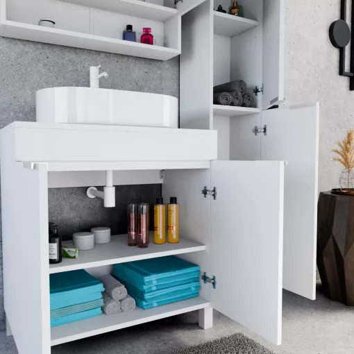 HD Paris Matt White 80 komplett fürdőszoba bútor szett álló mosdószekrénnyel, matt fehér elemekkel, matt fehér mosdópulttal, tükrös szekrénnyel és magasszekrénnyel