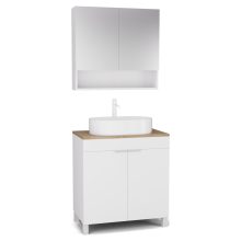 HD Paris Matt White 80 komplett fürdőszoba bútor álló mosdószekrénnyel, matt fehér elemekkel, tölgyfa színű mosdópulttal és tükrös szekrénnyel