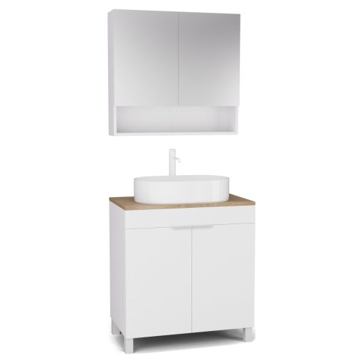 HD Paris Matt White 80 komplett fürdőszoba bútor álló mosdószekrénnyel, matt fehér elemekkel, tölgyfa színű mosdópulttal és tükrös szekrénnyel