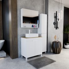 HD Paris Matt White 80 komplett fürdőszoba bútor álló mosdószekrénnyel, matt fehér elemekkel, tölgyfa színű mosdópulttal és tükrös szekrénnyel