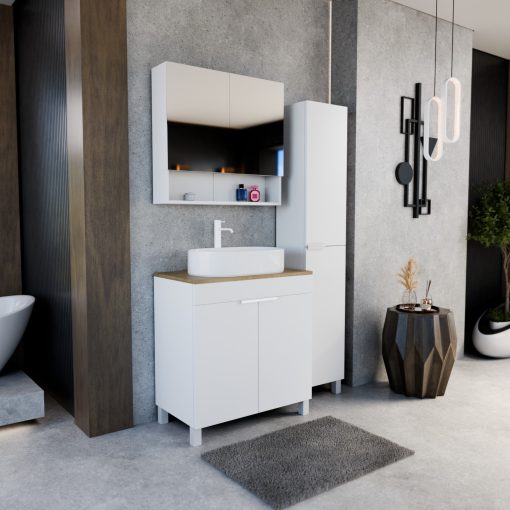 HD Paris Matt White 80 komplett fürdőszoba bútor álló mosdószekrénnyel, matt fehér elemekkel, tölgyfa színű mosdópulttal és tükrös szekrénnyel