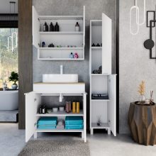 HD Paris Matt White 80 komplett fürdőszoba bútor álló mosdószekrénnyel, matt fehér elemekkel, tölgyfa színű mosdópulttal és tükrös szekrénnyel