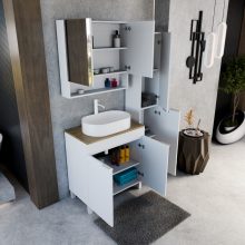 HD Paris Matt White 80 komplett fürdőszoba bútor álló mosdószekrénnyel, matt fehér elemekkel, tölgyfa színű mosdópulttal és tükrös szekrénnyel