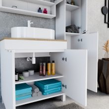 HD Paris Matt White 80 komplett fürdőszoba bútor álló mosdószekrénnyel, matt fehér elemekkel, tölgyfa színű mosdópulttal és tükrös szekrénnyel