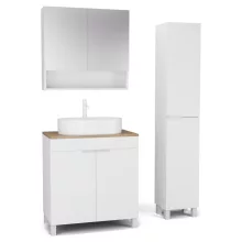 HD Paris Matt White 80 komplett fürdőszoba bútor szett álló mosdószekrénnyel, matt fehér elemekkel, tölgyfa színű mosdópulttal, tükrös szekrénnyel és magasszekrénnyel