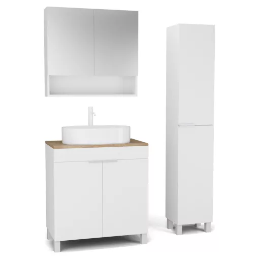HD Paris Matt White 80 komplett fürdőszoba bútor szett álló mosdószekrénnyel, matt fehér elemekkel, tölgyfa színű mosdópulttal, tükrös szekrénnyel és magasszekrénnyel