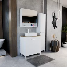 HD Paris Matt White 80 komplett fürdőszoba bútor szett álló mosdószekrénnyel, matt fehér elemekkel, tölgyfa színű mosdópulttal, tükrös szekrénnyel és magasszekrénnyel