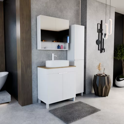 HD Paris Matt White 80 komplett fürdőszoba bútor szett álló mosdószekrénnyel, matt fehér elemekkel, tölgyfa színű mosdópulttal, tükrös szekrénnyel és magasszekrénnyel